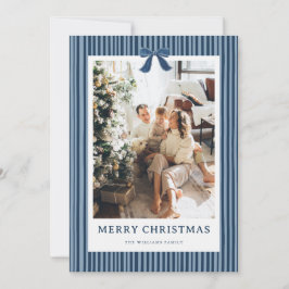 Navy Blue Stripe Bow Christmas Photo Holiday Card Feestdagenkaart