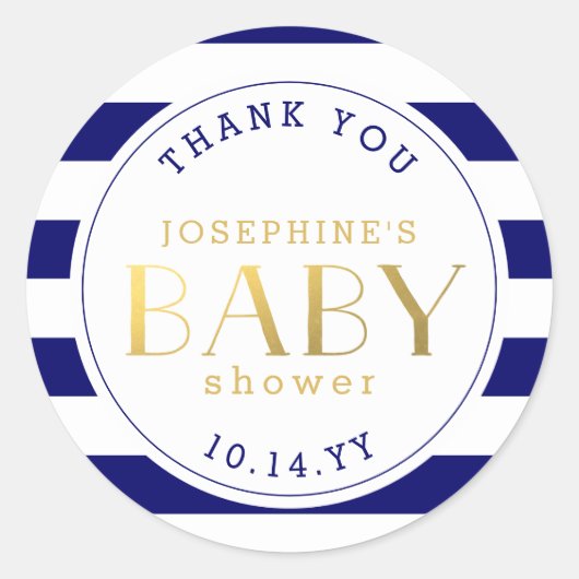 Navy Blue Stripe en Faux Gold Baby shower Ronde Sticker (Voorkant)