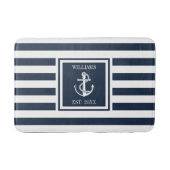 Navy Blue Stripe Familienaam Nautical Anchor Badmat (Voorkant)