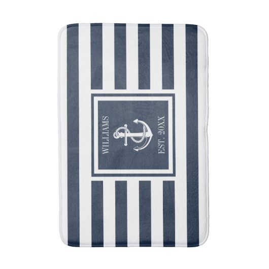 Navy Blue Stripe Familienaam Nautical Anchor Badmat (Voorkant Verticaal)