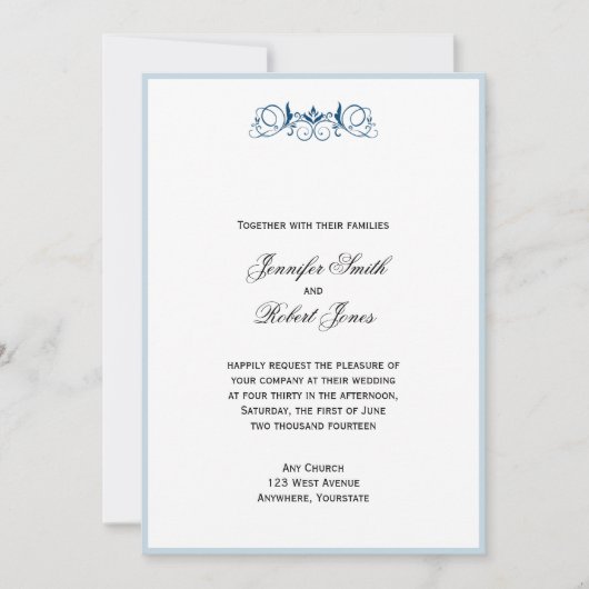 Navy Blue Stripe Floral Accent Wedding Invitation Kaart (Voorkant)