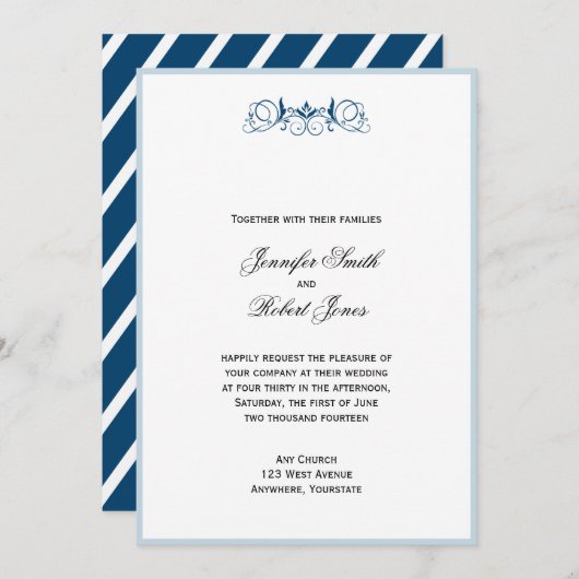 Navy Blue Stripe Floral Accent Wedding Invitation Kaart (Voorkant / Achterkant)