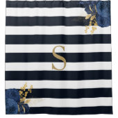 Navy Blue Stripe Floral Gold Monogram Douchegordijn (Voorkant)