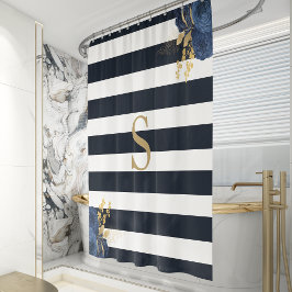 Navy Blue Stripe Floral Gold Monogram Douchegordijn