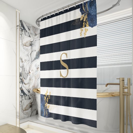 Navy Blue Stripe Floral Gold Monogram Douchegordijn