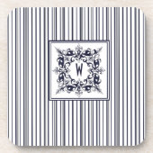 Navy Blue Stripe  Label en monogram Bier Onderzetter (Voorkant)