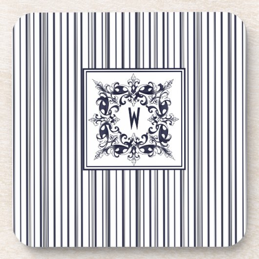 Navy Blue Stripe  Label en monogram Bier Onderzetter (Voorkant)