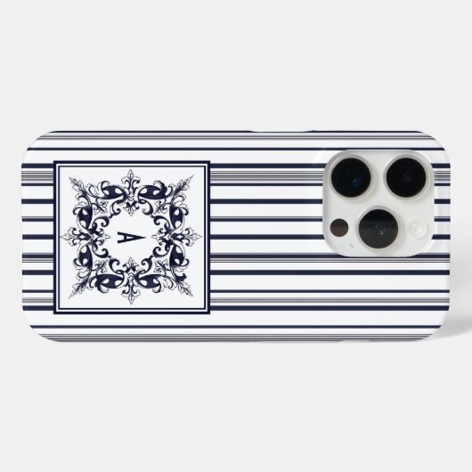 Navy Blue Stripe  Label en monogram Case-Mate iPhone Case (Achterkant (horizontaal))