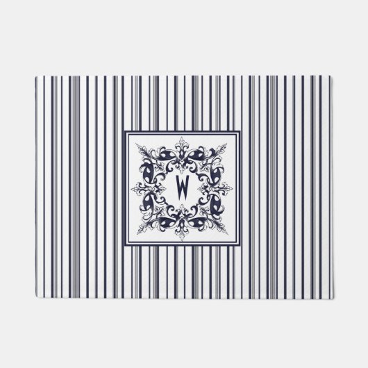 Navy Blue Stripe Label en monogram Deurmat (Voorkant)