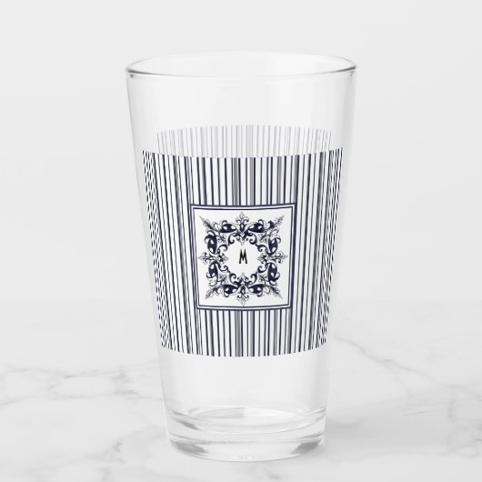 Navy Blue Stripe  Label en monogram Glas (Voorkant)