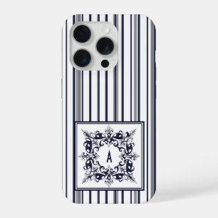 Navy Blue Stripe Label en monogram iPhone 15 Pro Case