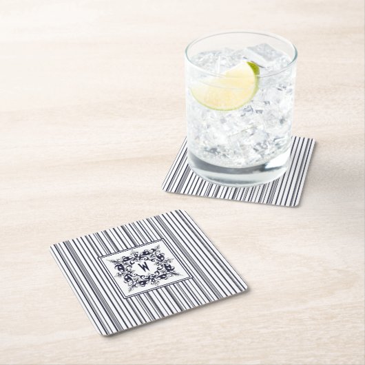 Navy Blue Stripe  Label en monogram Kartonnen Onderzetters (Insitu)