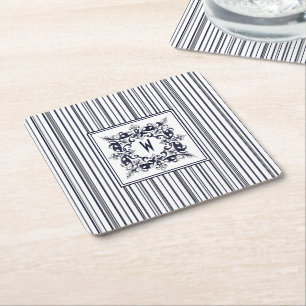 Navy Blue Stripe Label en monogram Kartonnen Onderzetters
