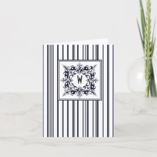 Navy Blue Stripe Label en monogram Notitiekaartje (Voorkant)