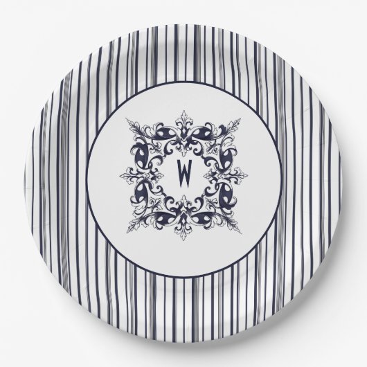 Navy Blue Stripe  Label en monogram Papieren Bordje (Voorkant)
