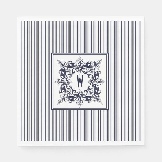 Navy Blue Stripe Label en monogram Servet (Voorkant)