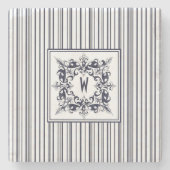 Navy Blue Stripe  Label en monogram Stenen Onderzetter (Voorkant)