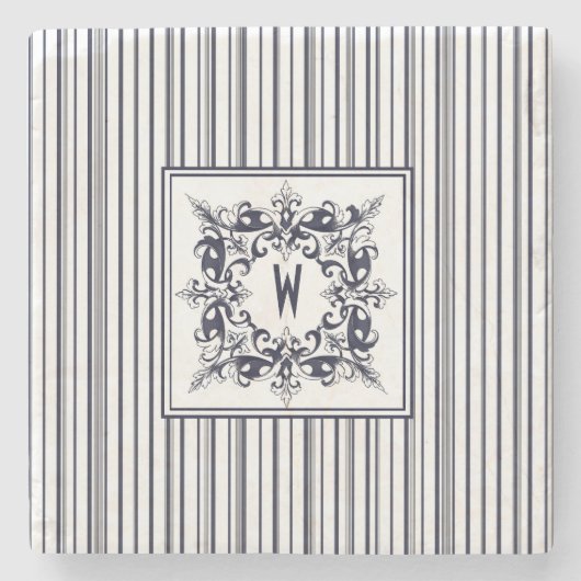 Navy Blue Stripe Label en monogram Stenen Onderzetter (Voorkant)