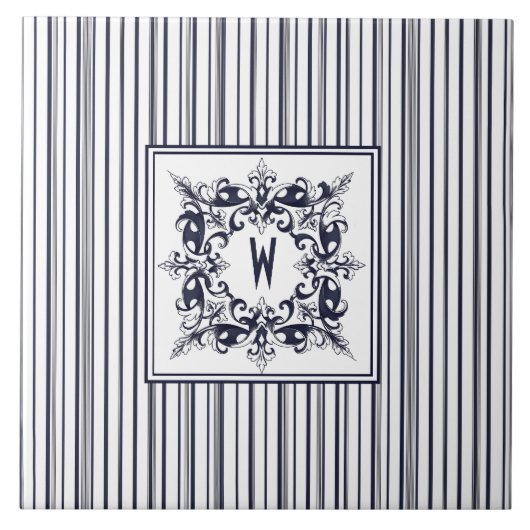 Navy Blue Stripe Label en monogram Tegeltje (Voorkant)