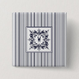 Navy Blue Stripe  Label en monogram Vierkante Button 5,1 Cm