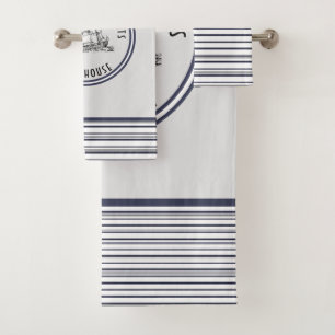 Navy Blue Stripe Label en naam Bad Handdoek