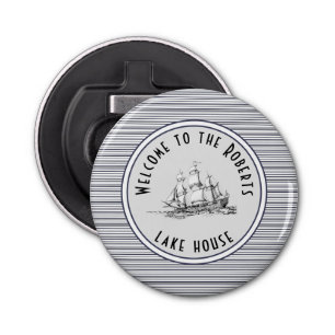 Navy Blue Stripe  Label en naam Button Flesopener
