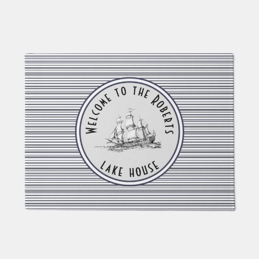 Navy Blue Stripe  Label en naam Deurmat (Voorkant)