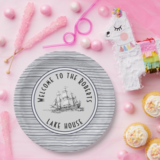 Navy Blue Stripe  Label en naam Papieren Bordje (Feest)