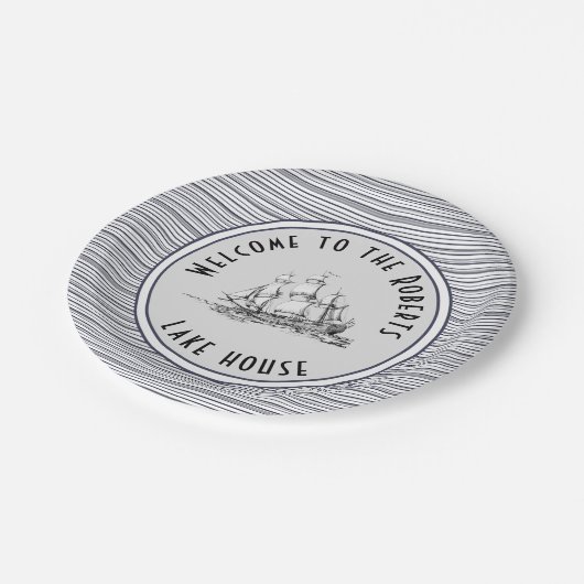 Navy Blue Stripe  Label en naam Papieren Bordje (Gekanteld)