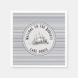 Navy Blue Stripe  Label en naam Servet