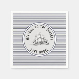 Navy Blue Stripe  Label en naam Servet