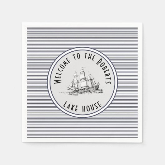 Navy Blue Stripe Label en naam Servet (Voorkant)