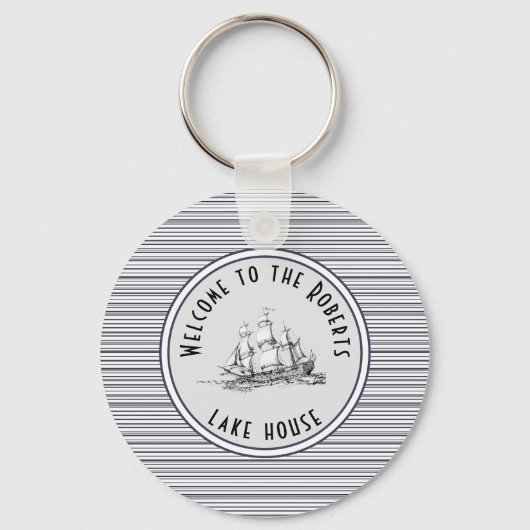 Navy Blue Stripe Label en naam Sleutelhanger (Voorkant)