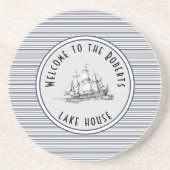 Navy Blue Stripe  Label en naam Zandsteen Onderzetter (Voorkant)