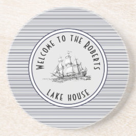 Navy Blue Stripe  Label en naam Zandsteen Onderzetter