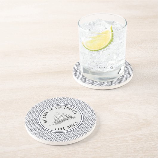 Navy Blue Stripe  Label en naam Zandsteen Onderzetter (Zijkant)