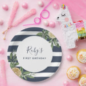 Navy Blue Stripe Lemon Citrus First Birthday Party Papieren Bordje (Feest)