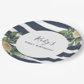 Navy Blue Stripe Lemon Citrus First Birthday Party Papieren Bordje (Gekanteld)