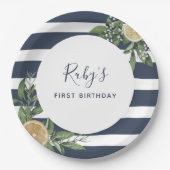 Navy Blue Stripe Lemon Citrus First Birthday Party Papieren Bordje (Voorkant)