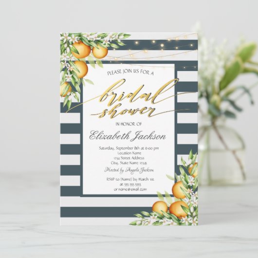 Navy Blue Stripe Lemon Citrus Vrijgezellenfeest Kaart (Staand voorkant)