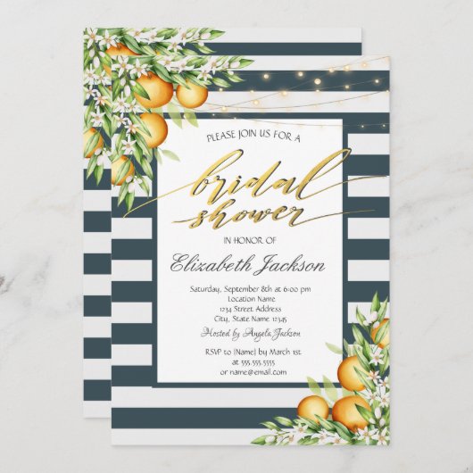 Navy Blue Stripe Lemon Citrus Vrijgezellenfeest Kaart (Voorkant / Achterkant)