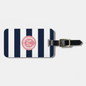 Navy Blue Stripe met Roze Laurel Wreatmonogram Bagagelabel (Voorkant horizontaal)
