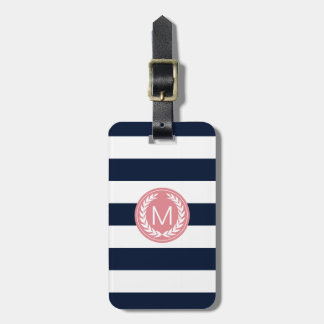 Navy Blue Stripe met Roze Laurel Wreatmonogram Bagagelabel