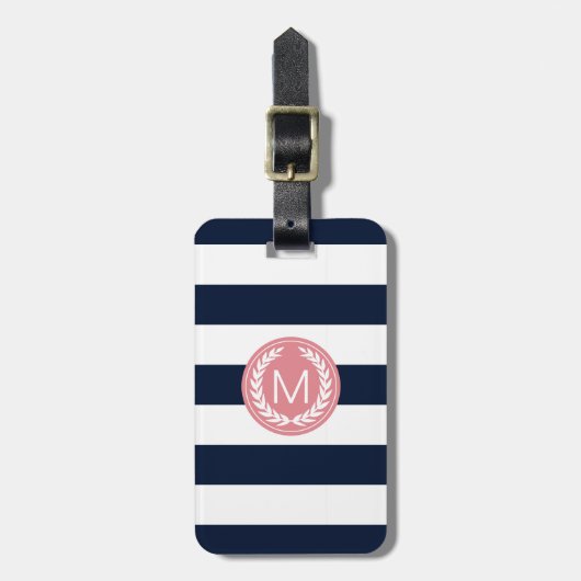 Navy Blue Stripe met Roze Laurel Wreatmonogram Bagagelabel (Voorkant verticaal)