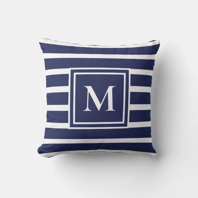 Navy Blue Stripe Modern Monogram kuststrook Kussen (Voorkant)