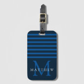 Navy Blue Stripe Monogram Masculine Bagagelabel (Voorkant (verticaal))