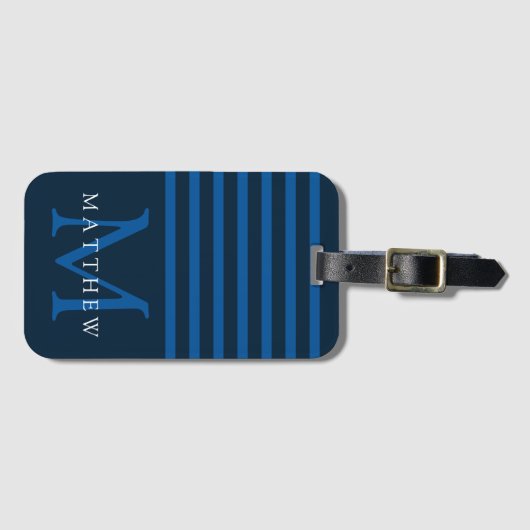 Navy Blue Stripe Monogram Masculine Bagagelabel (Voorkant (horizontaal))