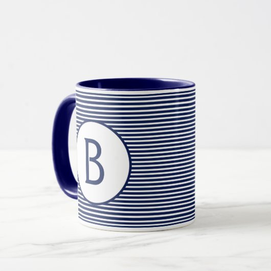 Navy Blue Stripe Monogram Mok (Voorkant links)