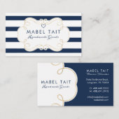 Navy Blue Stripe Patroon & Elegant Crest Visitekaartje (Voorkant / Achterkant)