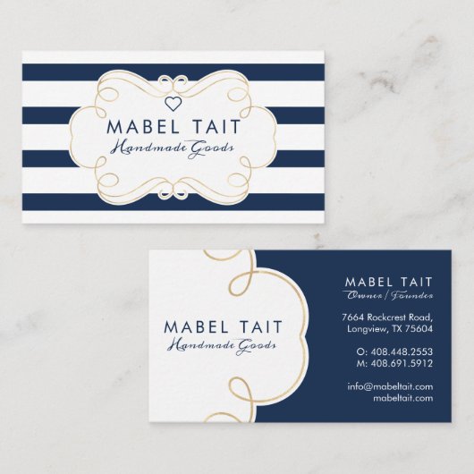 Navy Blue Stripe Patroon & Elegant Crest Visitekaartje (Voorkant / Achterkant)